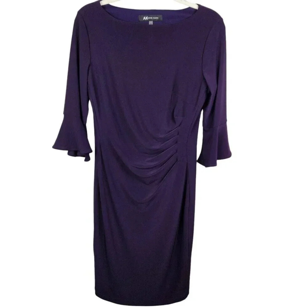 Anne Klein Purple Rouched 3/4 Bell Sleeve Cocktail Evening‎ Dress Size Medium